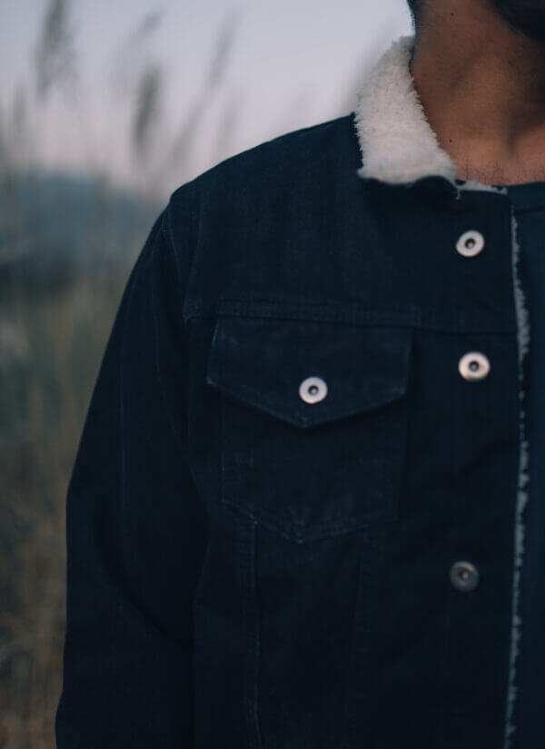 Black Denim Jacket with sherpa fur lining - Image 2